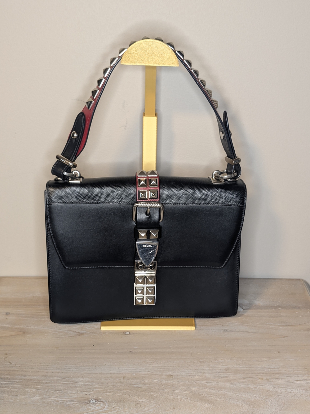 Prada Black Leather Stud-Accent Top Handle Bag